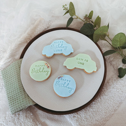 Happy birthday personalised fondant biscuits, boys birthday biscuits |