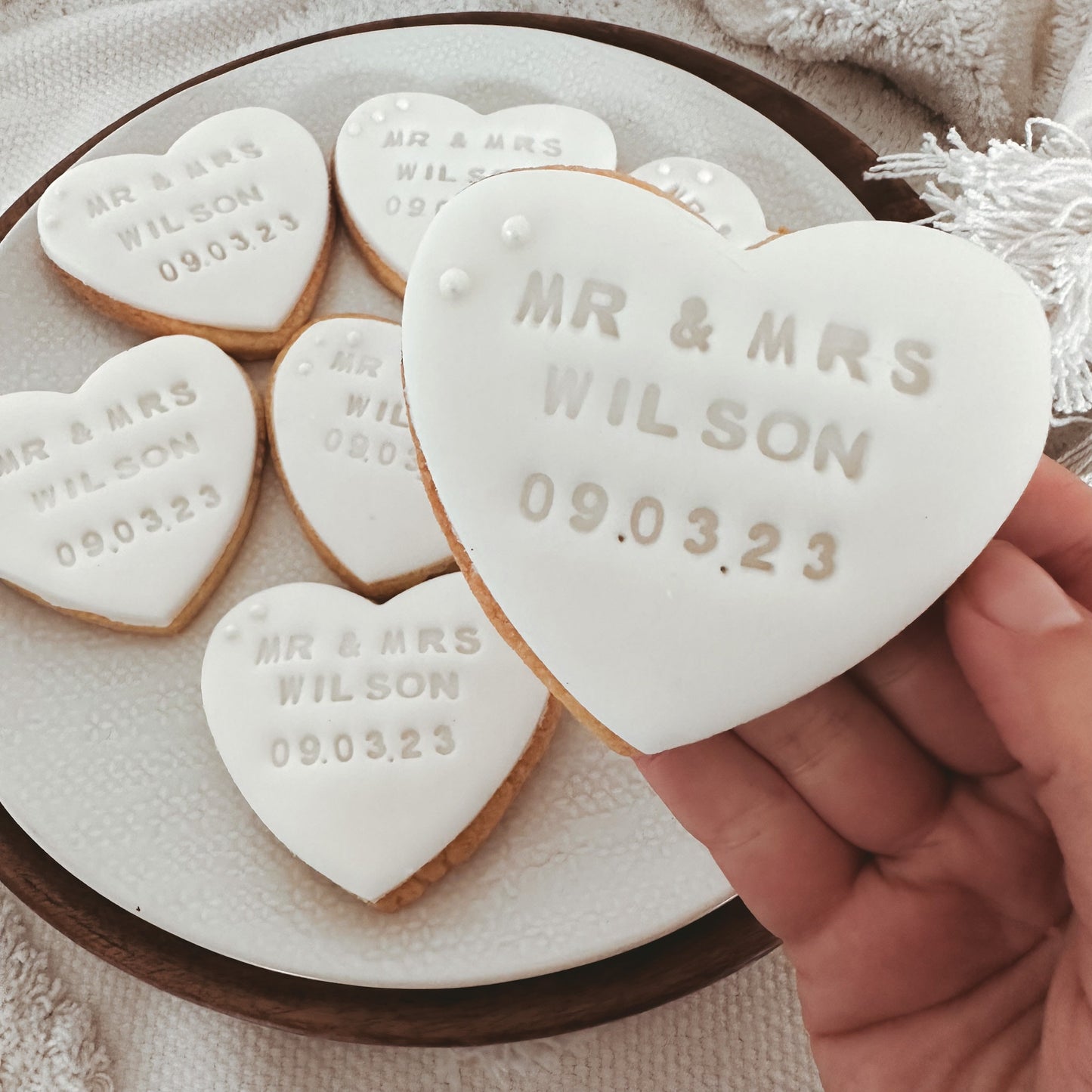 Pink Personalised Wedding favour biscuits with date