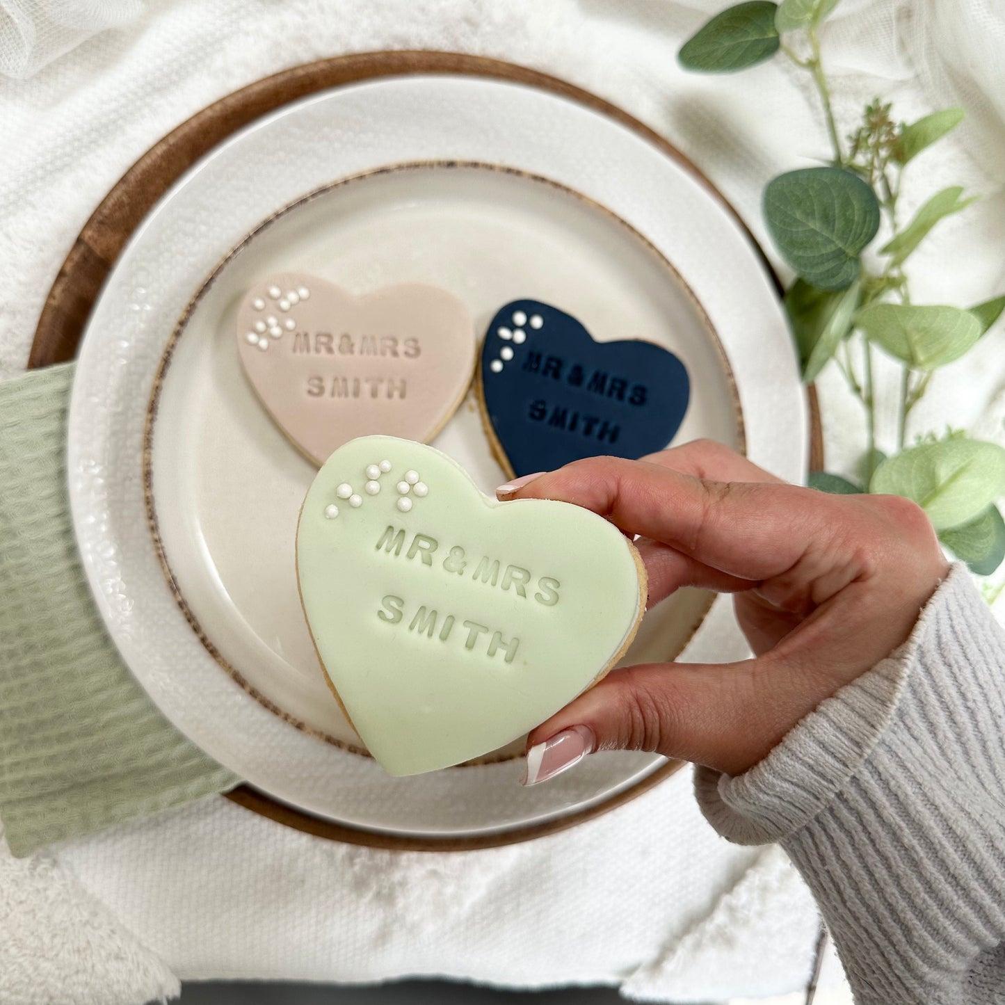 Pink Personalised Wedding favour biscuits with date