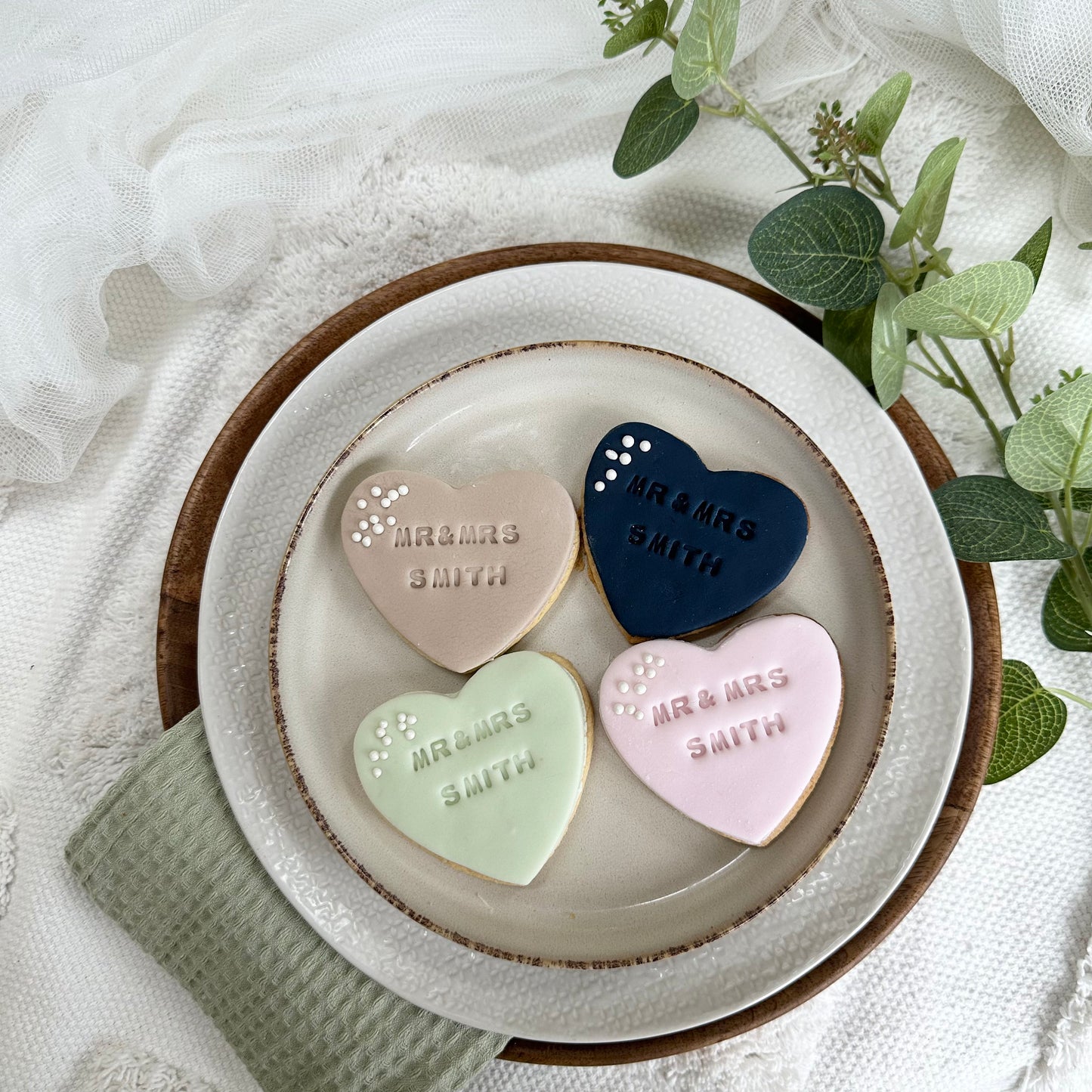 Pink Personalised Wedding favour biscuits with date